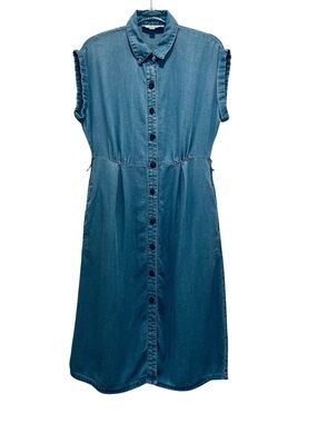 LOFT Blue Chambray Sz 2P Midi Shirt Dress Cap Sleeve Button Down Pockets Cottage